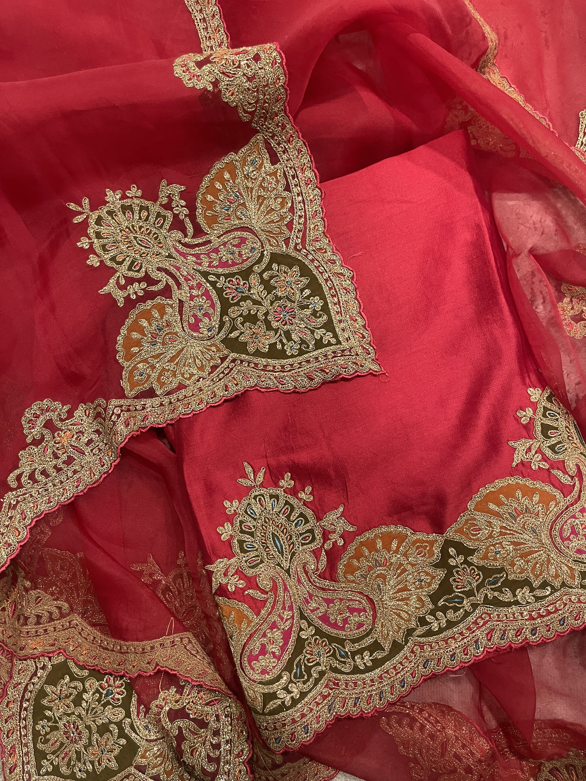 Red coloured Katan silk suit set