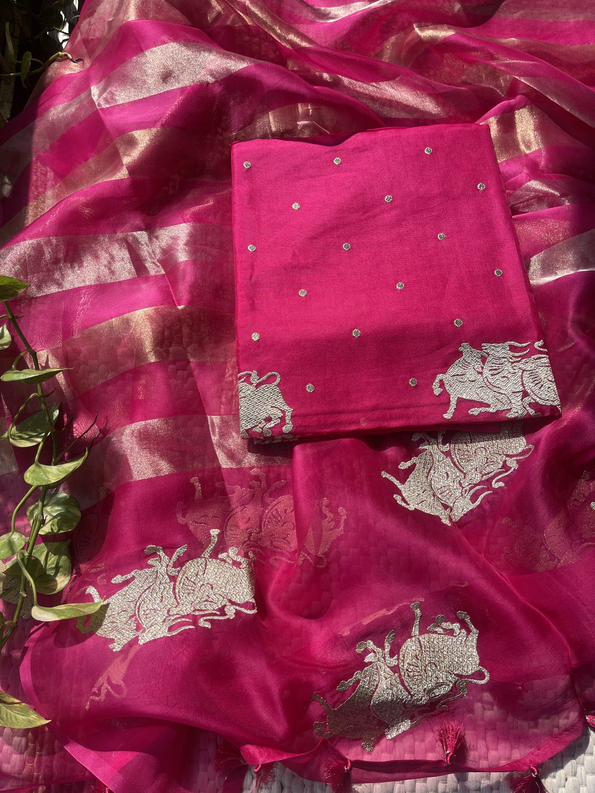 Fuchsia Pink coloured kora silk suit set