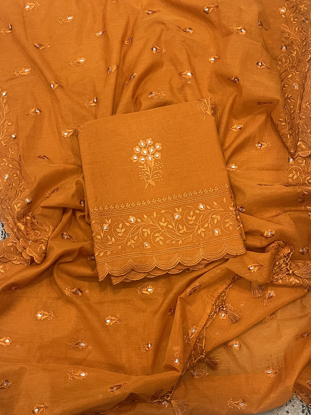 Rust Orange mul chanderi suit set